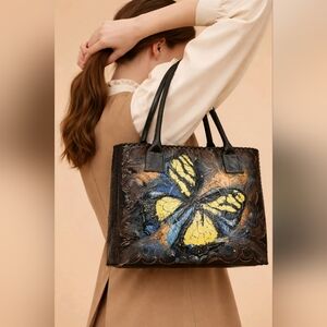 COPILLI hand tooled Leather Purse Tote Bag with Yellow Butterfly